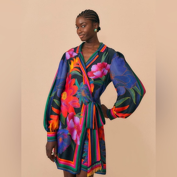 FARM Rio Dresses & Skirts - FARM Rio Black Flower Season Scarf Mini Wrap Dress